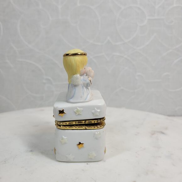 Hallmark 3 Angels Figurine Trinket Box Ceramic Hinged Porcelain White Gold - Picture 6 of 12